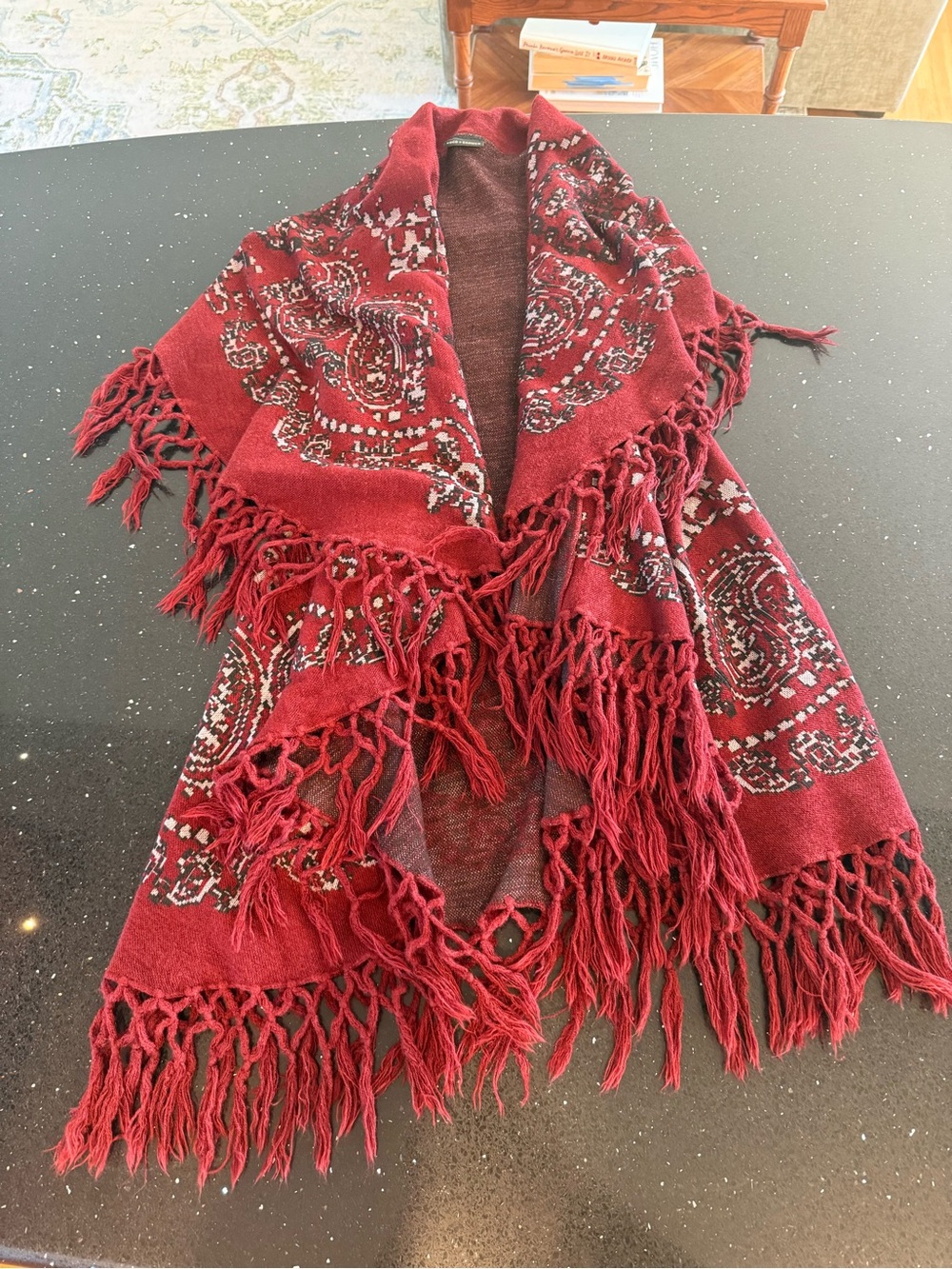 Fringed Paisley Knit Coco + Carmen Wrap Shawl - Wine Red - Picture 2 of 6